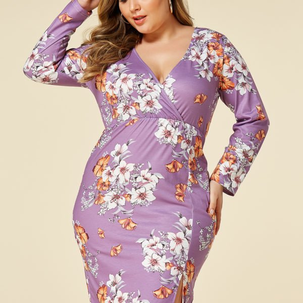 YOINS Plus Size Purple Random Floral Print Crossed Front Dress 2