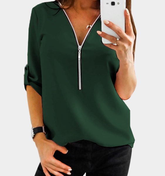 Green Zip Design V-neck Adjustable Sleeve Length Blouse 2