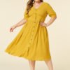 YOINS Plus Size Yellow V-neck Front Button Half Sleeves Dress 3
