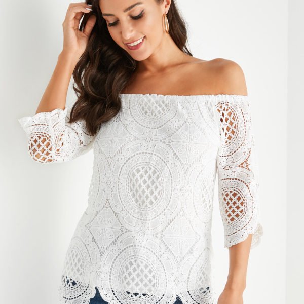 YOINS White Hollow Design Off The Shoulder Half Sleeves Blouse 2