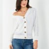 White Button Design V Neck Long Sleeves Knit Top 3