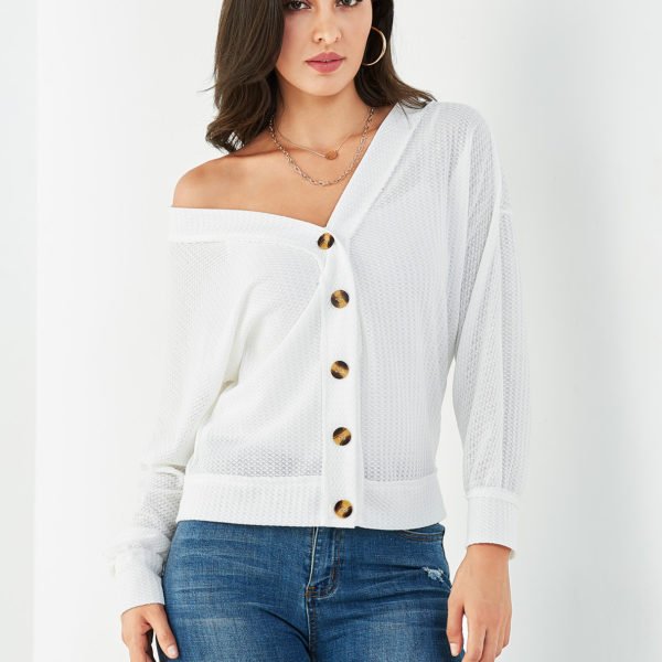 White Button Design V Neck Long Sleeves Knit Top 2