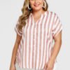 YOINS Plus Size Pink Stripe V-neck Short Sleeves Blouse 3