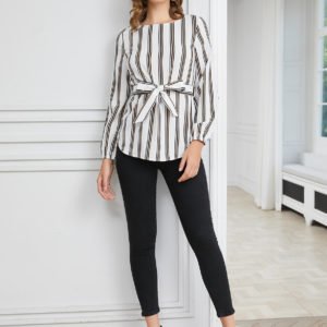 YOINS White Belt Design Stripe Round Neck Blouse