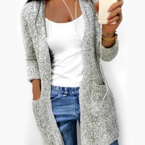 Grey Side Pockets Long Sleeves Cardigan