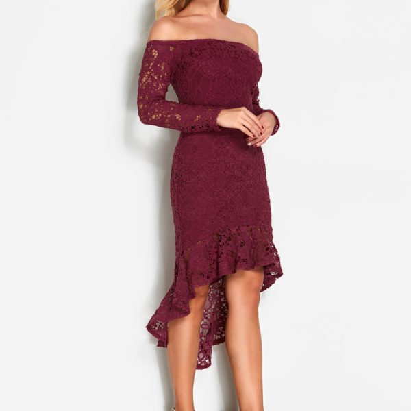 Burgundy Lace Off Shoulder Fashion Party Dress 2
