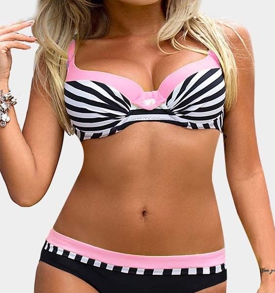 Colour Block Stripe Crop Gather Bikini Set in Pink 2