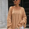 Brown Cable Knit V-neck Long Sleeves Sweater 3