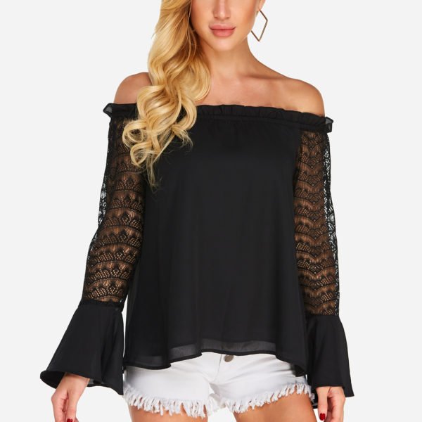 Black Tiered Off Shoulder Design See Through Lace Insert Bell Sleeves Blouses 2