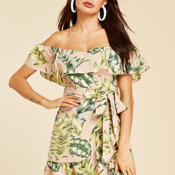 YOINS Khaki Off-the-shoulder Overlay Floral Print Dress 2