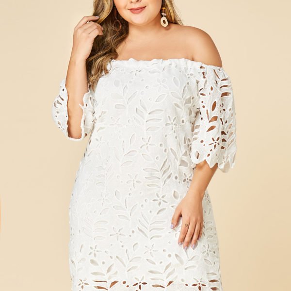 Plus Size White Lace Off Shoulder Half Sleeves Dress 2