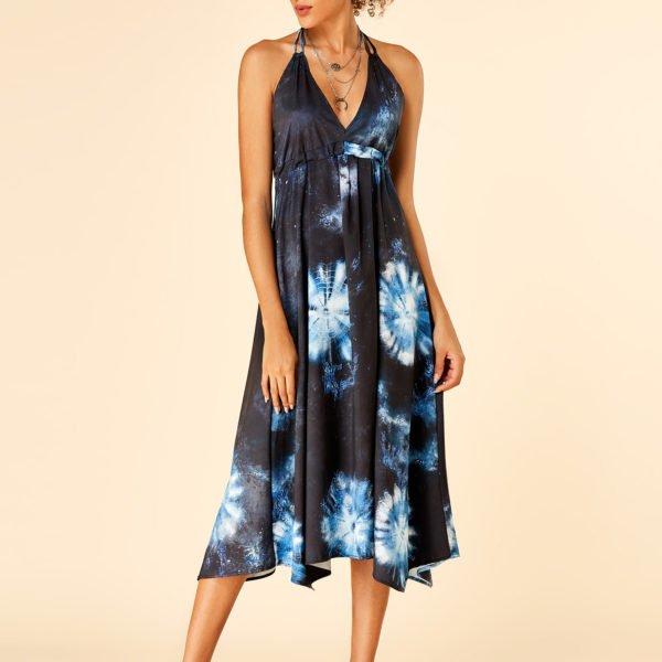 Black Tie-Dye Halter Lace-up Design Sleeveless Dress 2
