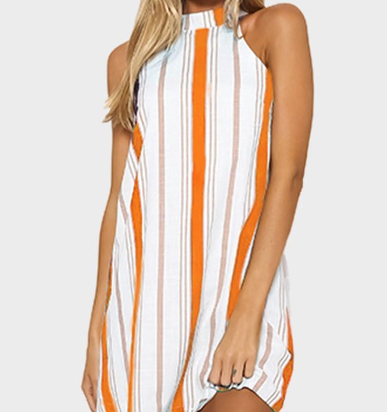 Orange Stripe Halter Neck Mini Dress 2
