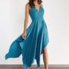 Sexy V-neck & Asymmetrical Maxi Dress in Turquoise 3