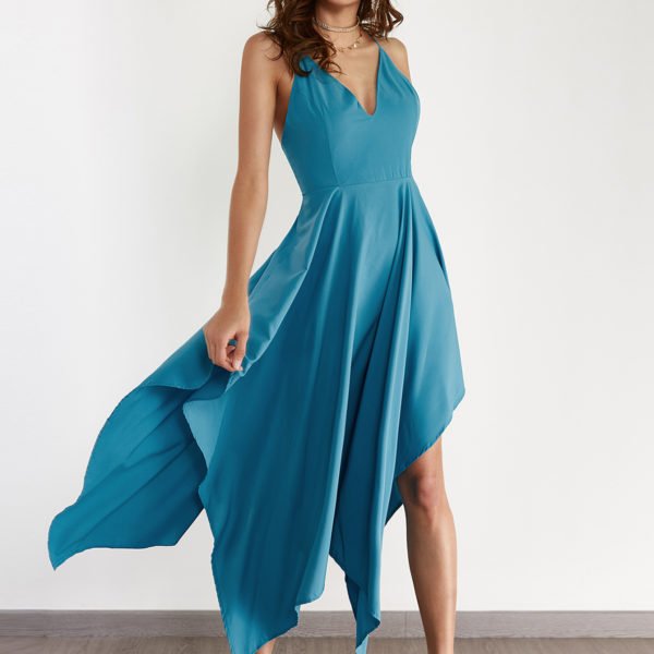 Sexy V-neck & Asymmetrical Maxi Dress in Turquoise 2