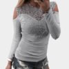 Bodycon Grey Cold Shoulder Lace Insert Front Long Sleeves T-shirt 3