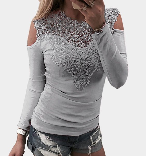 Bodycon Grey Cold Shoulder Lace Insert Front Long Sleeves T-shirt 2