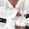 White Backless Design Deep V Neck Lantern Sleeves Stitching Dress 3