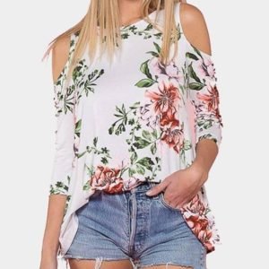 White Cold Shoulder Floral Print Top
