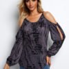 Purple Contrast Printed Cold Shoulder Long Sleeves Cut Out T-shirt 3