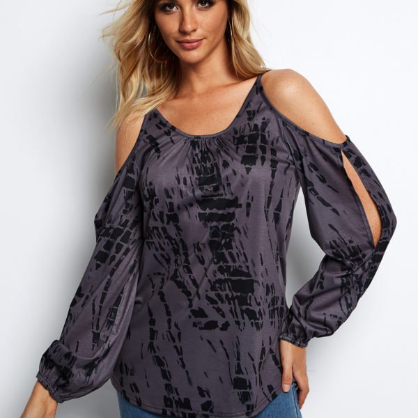 Purple Contrast Printed Cold Shoulder Long Sleeves Cut Out T-shirt 2