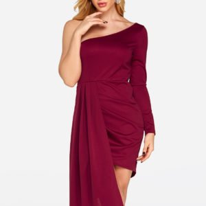 Burgundy Pleated Design One Shoulder Long Sleeves Dress