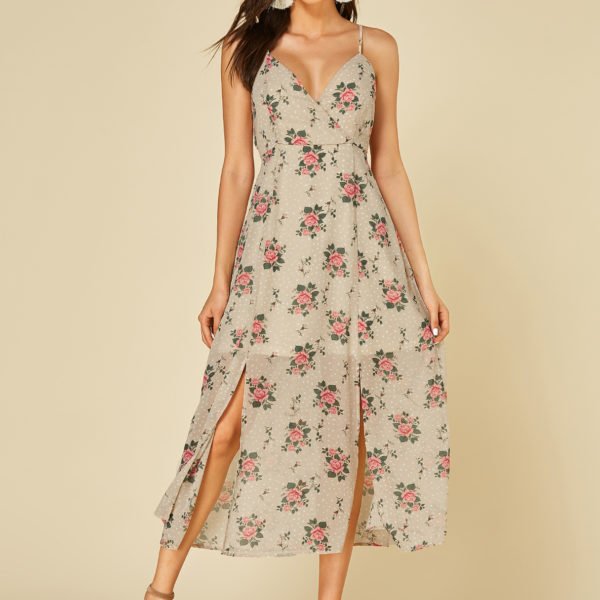 YOINS Apricot Adjustable Shoulder Straps Floral Print Deep V Neck Dress 2