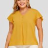 Plus Size Yellow Pleated V-neck Blouse 3