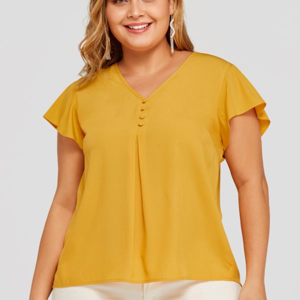 Plus Size Yellow Pleated V-neck Blouse 2