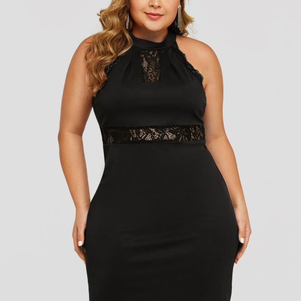 Plus Size Black Crochet Lace Embellished Halter Dress 2