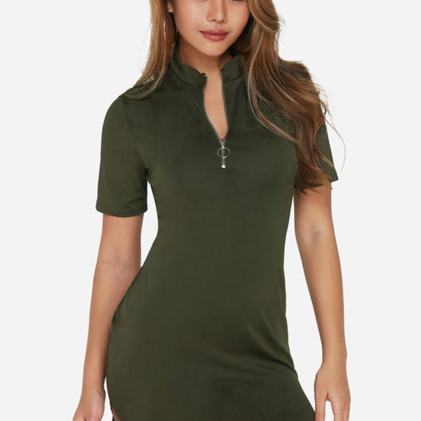 Army Green Zip Front Curved Hem Mini Dresses 2