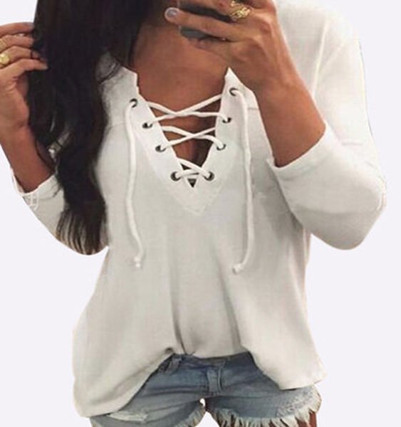 V Neck Lace Up Front Loose T-shirt in White 2