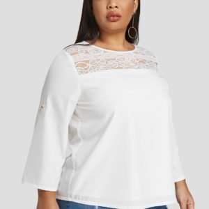 Plus Size White Adjustable Round Neck Lace Insert Blouse