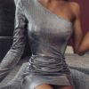 YOINS Silver Metallic Ruched Slit Hem One Shoulder Dress 3