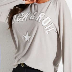 YOINS Grey Graphic One Shoulder Long Sleeves Tee