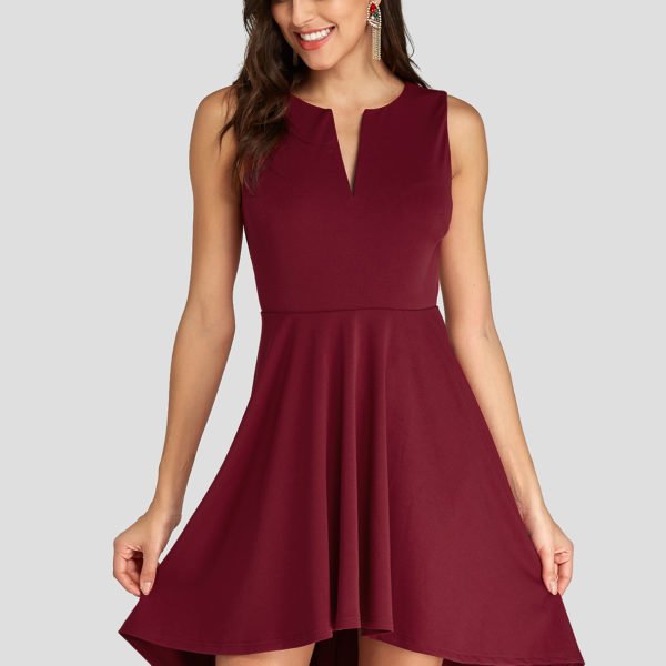 Burgundy V Neck High-Low Hem Pleated Sleeveless Dress 2