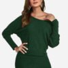 Green One Shoulder Dolman Sleeve Knitted Dress 3