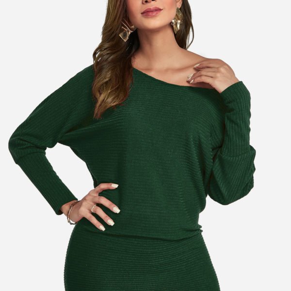 Green One Shoulder Dolman Sleeve Knitted Dress 2
