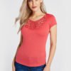 YOINS Red Crochet Lace Embellished Round Neck Tee 3