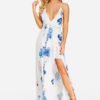 White V-neck Random Floral Print Open Back Slit Hem Dress 3