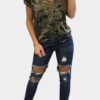 Green Sexy Camouflage Pattern V-neck Lace-up Front T-shirt 3