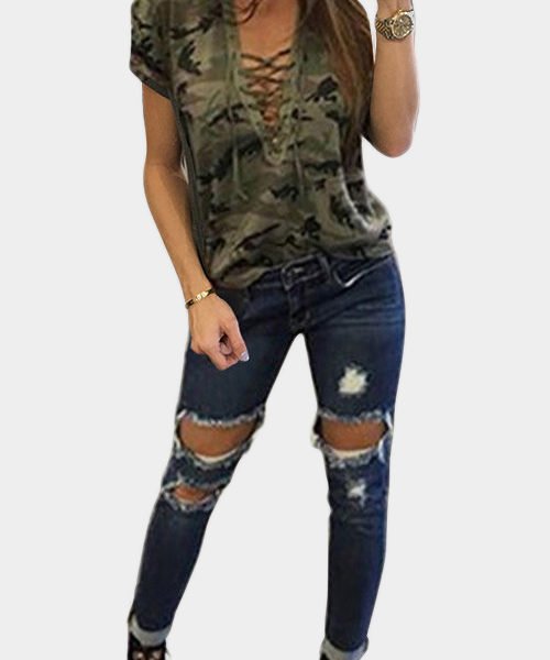 Green Sexy Camouflage Pattern V-neck Lace-up Front T-shirt 2