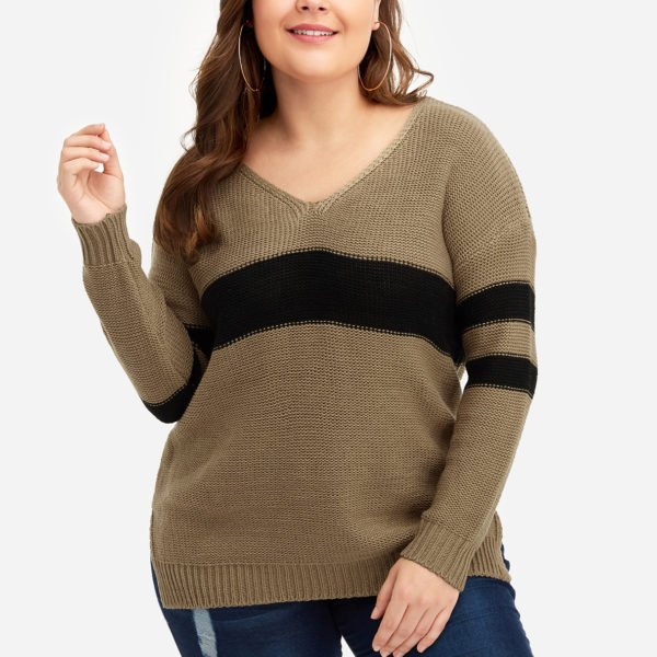 Plus Size Khaki Color BlockStripe Split Hem Sweater 2