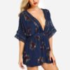 Deep V-neck Random Floral Print Playsuit in Navy 3