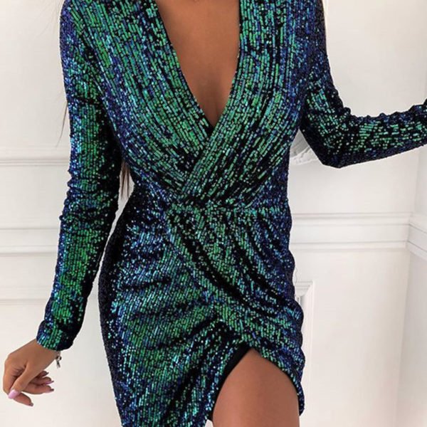 Glitter Sequins Wrap Design Deep V Neck Long Sleeves Dress 2