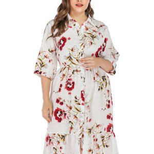 Plus Size White Button Design Random Floral Print Half Sleeves Dress