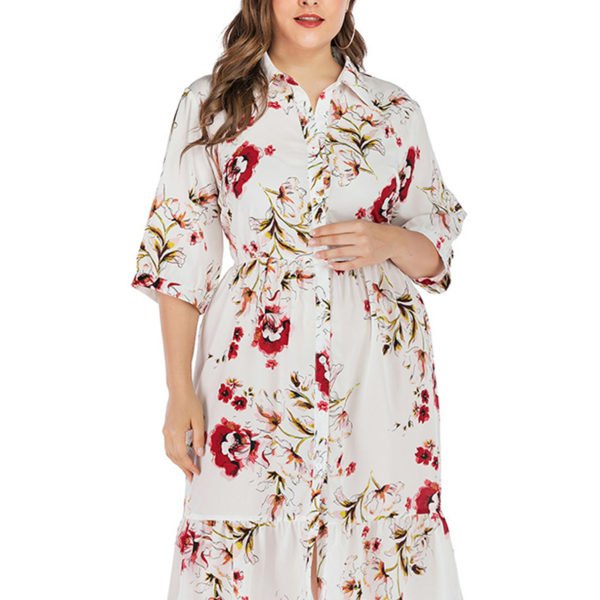 Plus Size White Button Design Random Floral Print Half Sleeves Dress 2