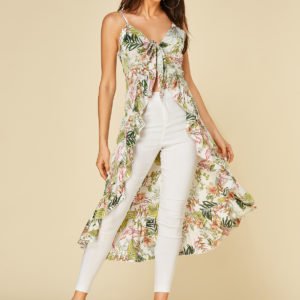 YOINS Random Floral Print Deep-V Neck Flounced Hem Cami