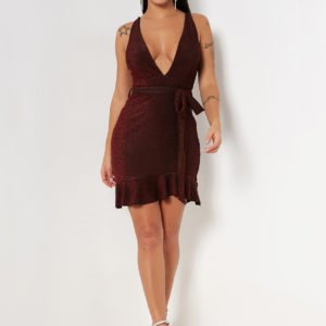 Burgundy Sequins Embellished Self-tie Design Deep V Neck Dress With Flounced Hem