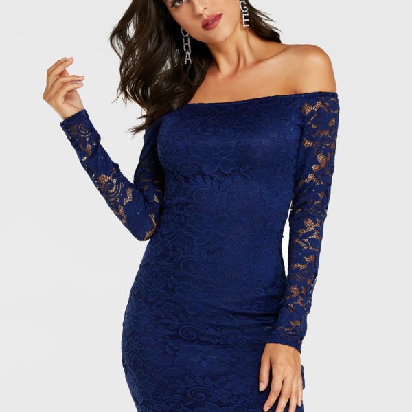 YOINS Navy Lace Off The Shoulder Long Sleeves Mini Dress 2